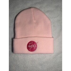 NASA Insignia Logo Pink Cuffed Knit Beanie Hat Embroidered Patch One Size